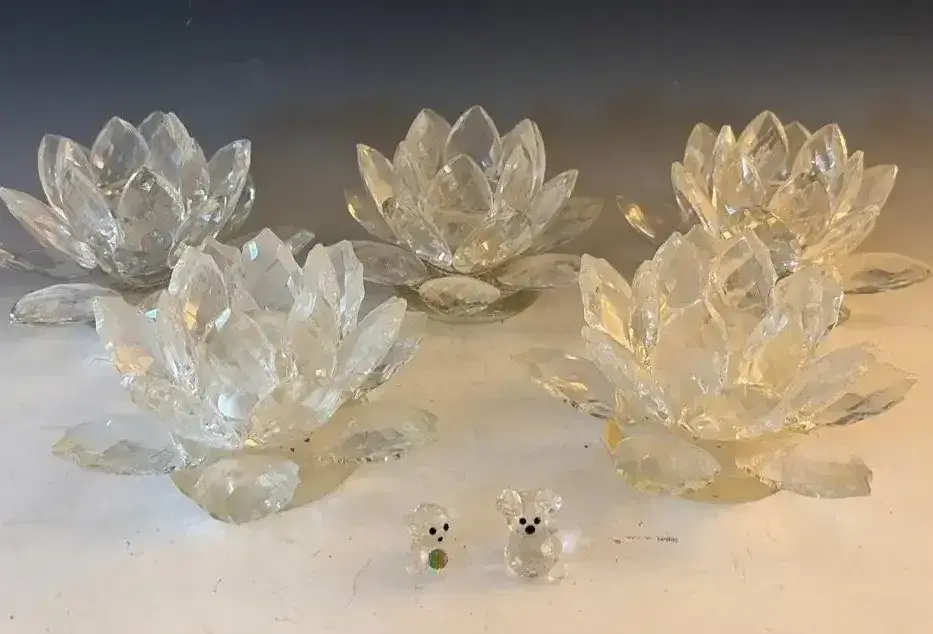 Crystal Lotus Flower Candleholders And Two Tiny Crystal Animals
