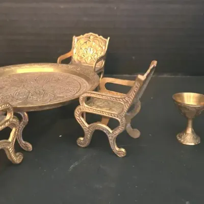 Miniature Brass Table And Chairs, With Tea Set