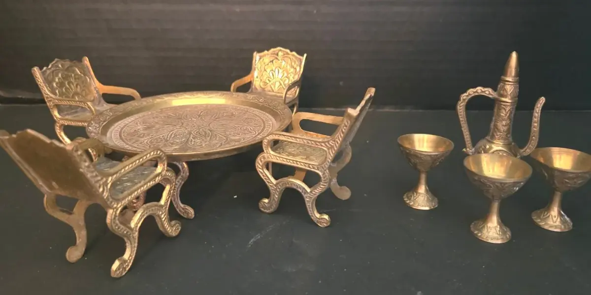 Miniature Brass Table And Chairs, With Tea Set