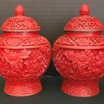 Vintage Chinese Carved Cinnabar Lacquer Ginger Jars With A Floral Motif And A Blue Enamel Interior 