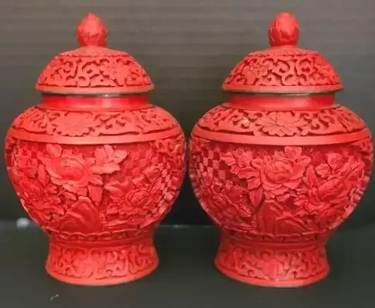 Vintage Chinese Carved Cinnabar Lacquer Ginger Jars With A Floral Motif And A Blue Enamel Interior 