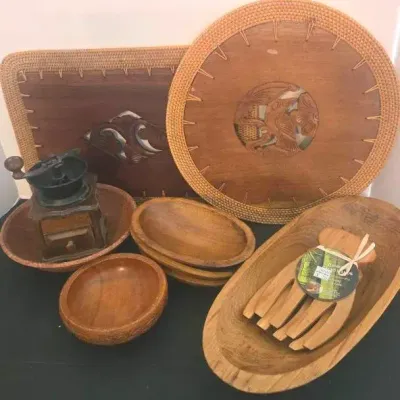 Hand Carved Wooden Placemats, Wood Bowls, Bamboo Salad Hands And Manuel Coffee Grinder