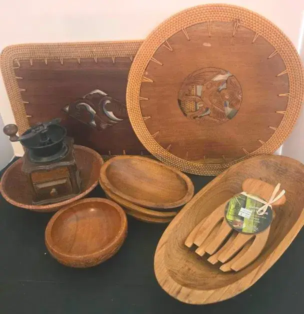 Hand Carved Wooden Placemats, Wood Bowls, Bamboo Salad Hands And Manuel Coffee Grinder