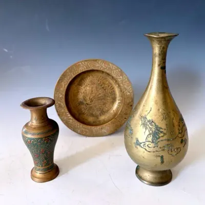 Antique Brass Japanese Dragon Bud Vase, Enameled Indian Vase And Etched Dish