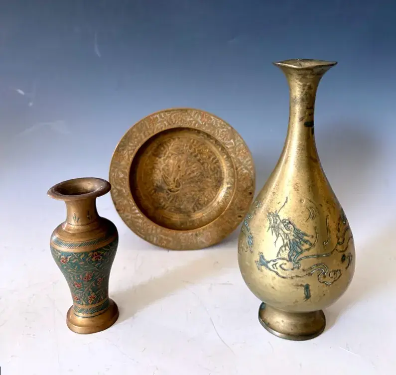 Antique Brass Japanese Dragon Bud Vase, Enameled Indian Vase And Etched Dish