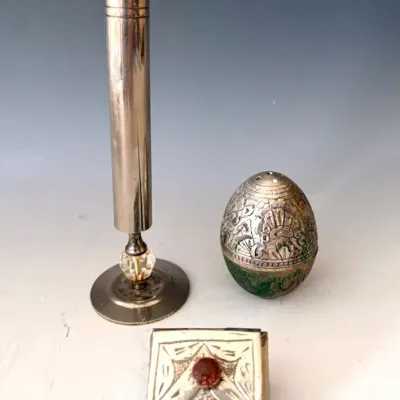 Antique Silverplate Etched Egg Shaped Shaker With Avon Bud Vase And Pill Box 