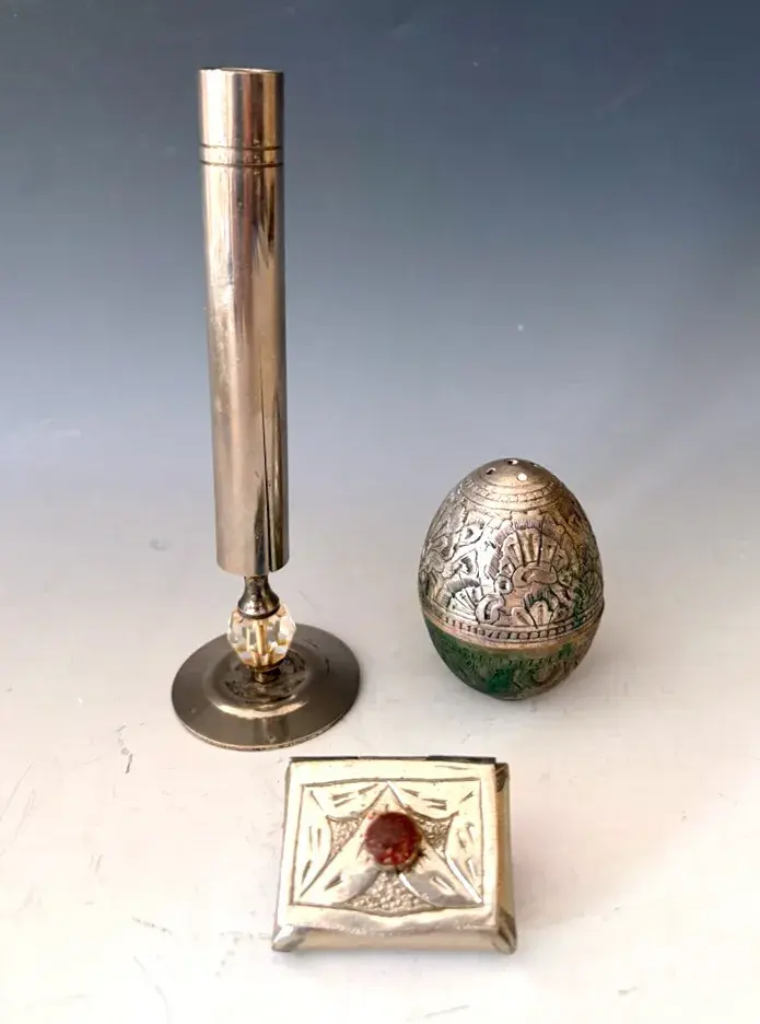 Antique Silverplate Etched Egg Shaped Shaker With Avon Bud Vase And Pill Box 