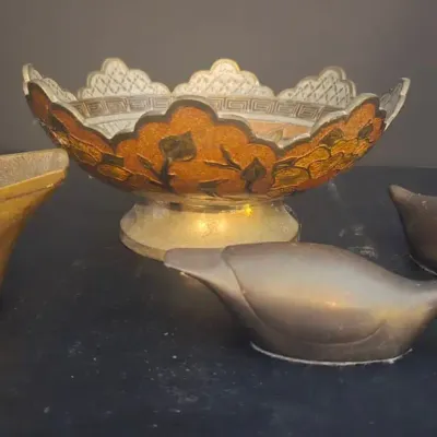 Vintage Brass Pedestal Bowl, Minature Brass Coal Scuttle And Duck Figurines 