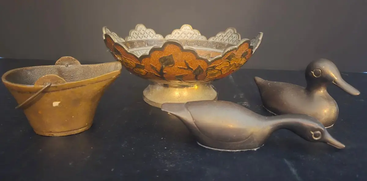 Vintage Brass Pedestal Bowl, Minature Brass Coal Scuttle And Duck Figurines 