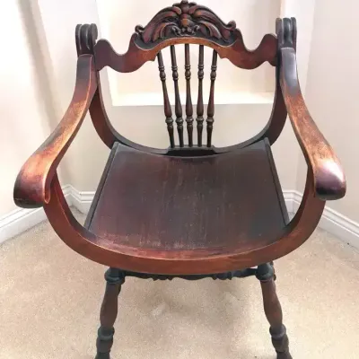 Antique Victorian Carved Wood Saddle-Seat Armchair 