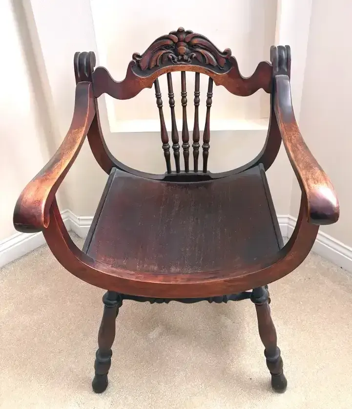 Antique Victorian Carved Wood Saddle-Seat Armchair 
