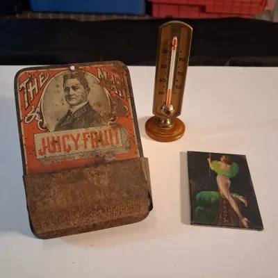 VINTAGE WRIGLEY'S JUICY FRUIT MATCH HOLDER, TAYLOR THERMOMETER AND MORE