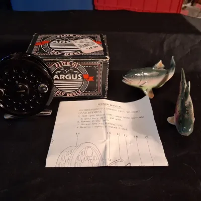 LIKE NEW ARGUS III FLY REEL W/BOX AND A PAIR OF TROUT SHAKERS
