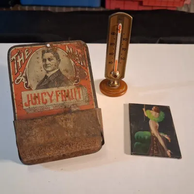 VINTAGE WRIGLEY'S JUICY FRUIT MATCH HOLDER, TAYLOR THERMOMETER AND MORE