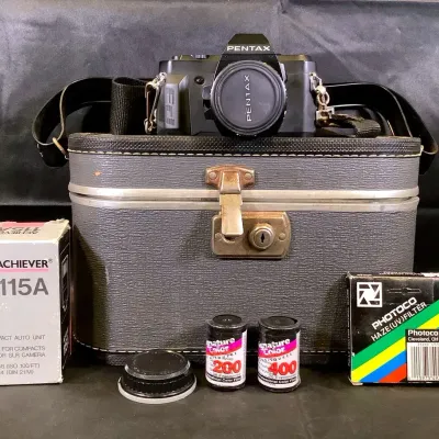 Pentax P3 35mm Film Camera Outfit w/ K-Mount Lens, Flash, Hard Case & 2 Unopened Film Rolls