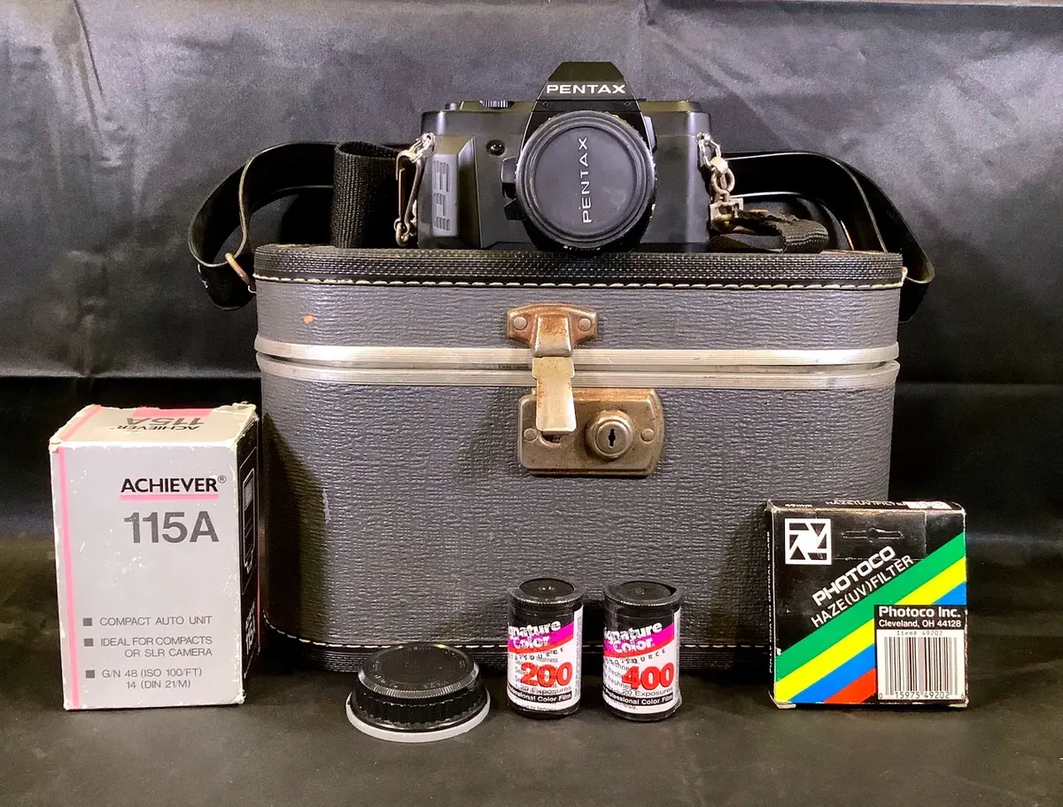 Pentax P3 35mm Film Camera Outfit w/ K-Mount Lens, Flash, Hard Case & 2 Unopened Film Rolls