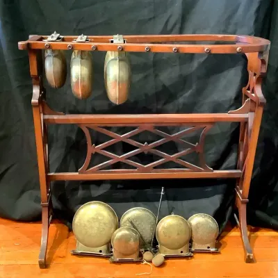 Vintage 8-Bell Graduated Gong Chime Set on Ornate Inlaid Wood Stand w/ Mallets