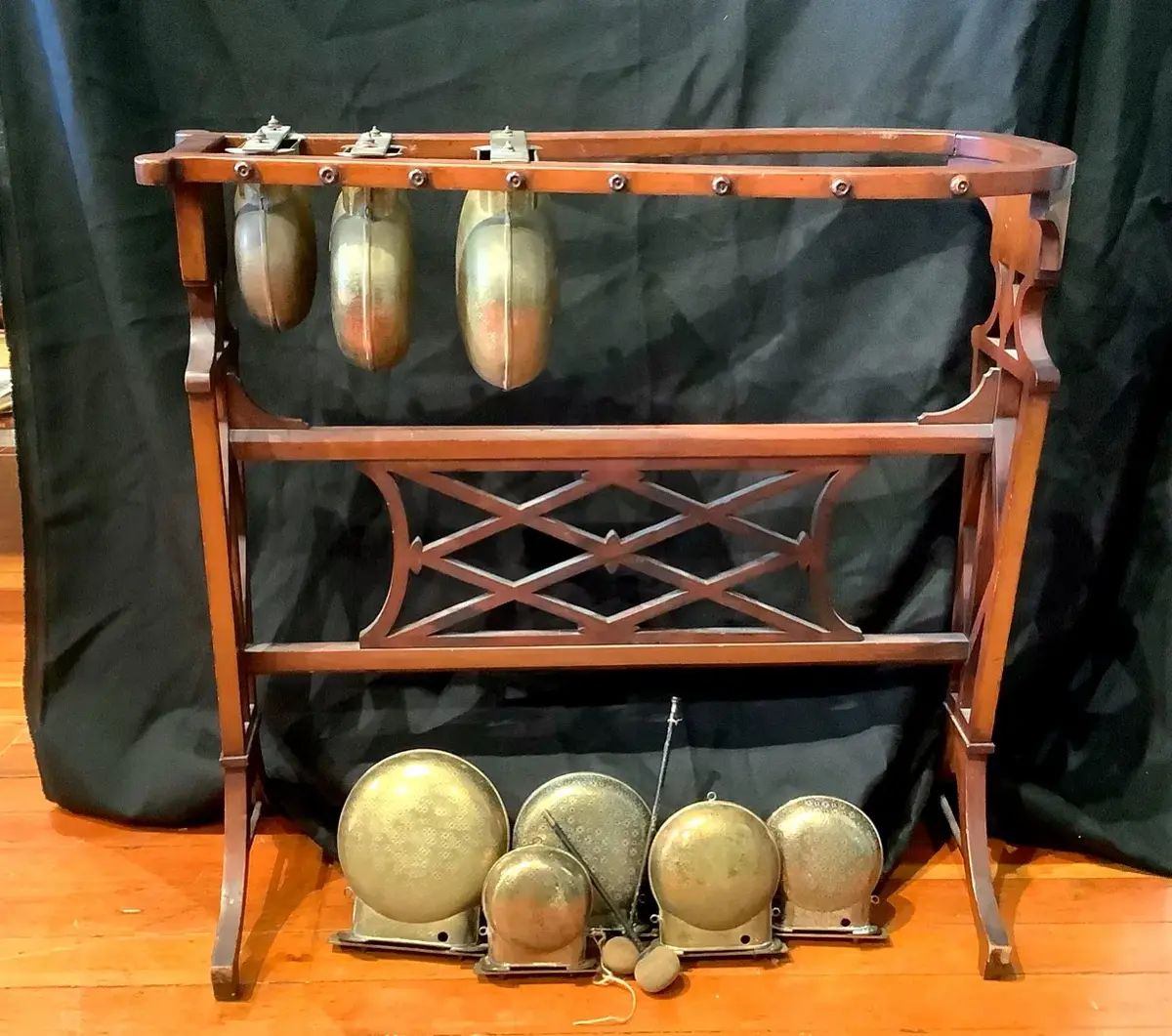 Vintage 8-Bell Graduated Gong Chime Set on Ornate Inlaid Wood Stand w/ Mallets