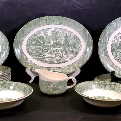 Vintage Green Transferware China Set - Currier & Ives / Colonial Homestead - 15 pieces 