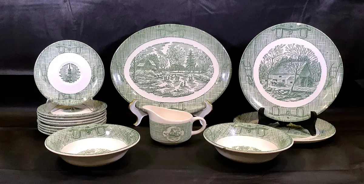 Vintage Green Transferware China Set - Currier & Ives / Colonial Homestead - 15 pieces 