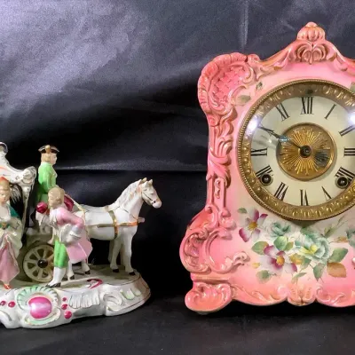 Antique-Style Hand-Painted Porcelain Clock & Horse-Drawn Carriage Figurine (Lot of 2)