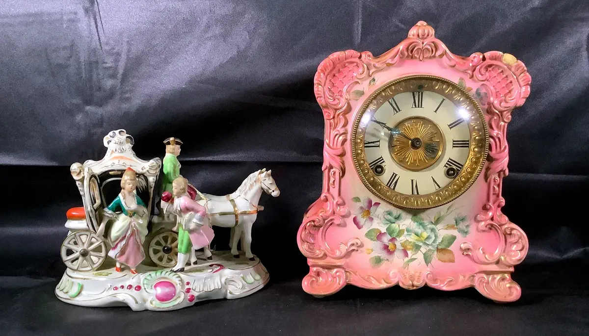 Antique-Style Hand-Painted Porcelain Clock & Horse-Drawn Carriage Figurine (Lot of 2)