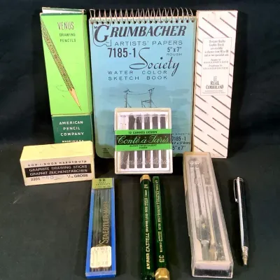 Vintage Artist & Drafting Lot: Faber-Castell, Grumbacher, Derwent Pencils & Supplies
