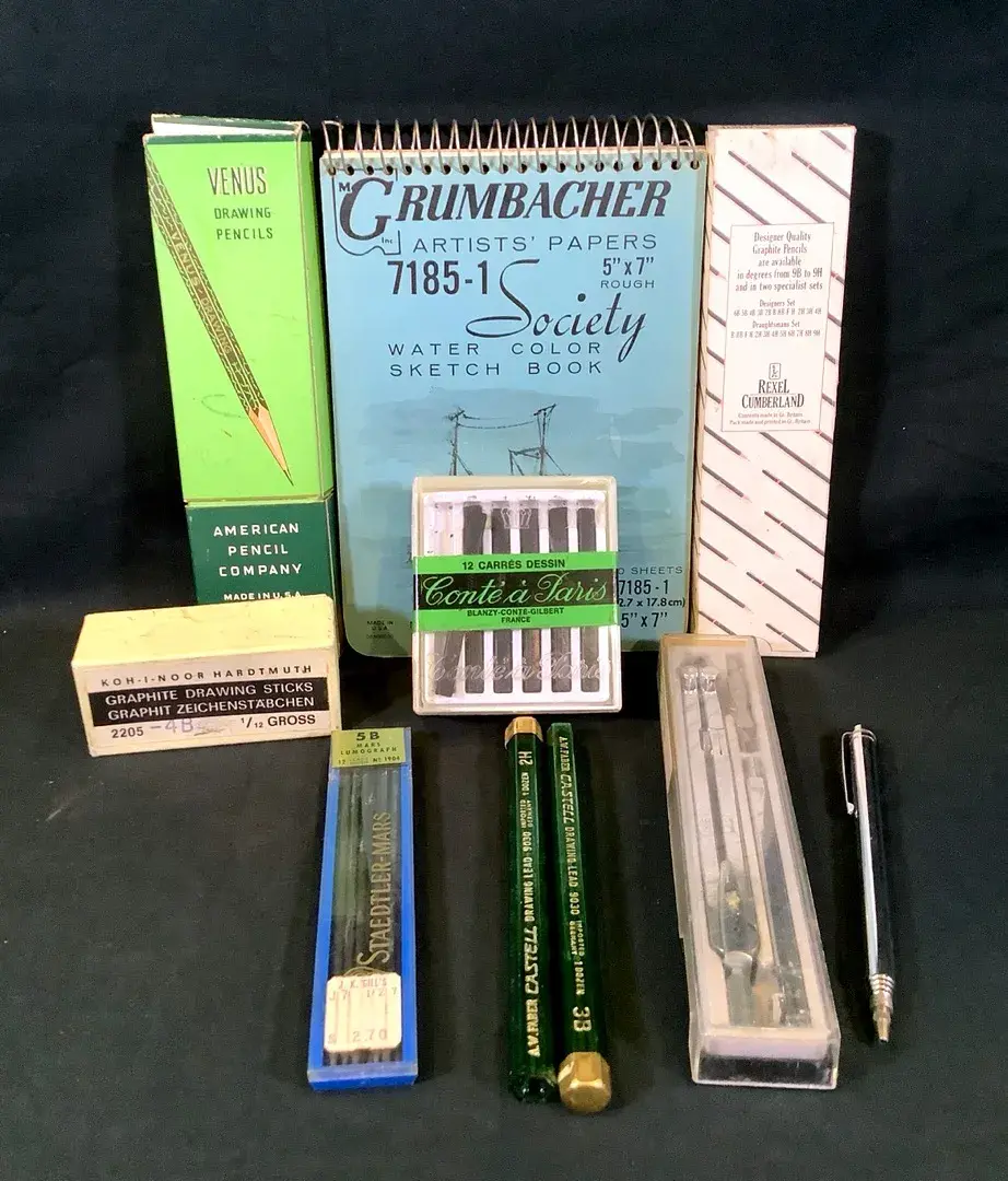 Vintage Artist & Drafting Lot: Faber-Castell, Grumbacher, Derwent Pencils & Supplies