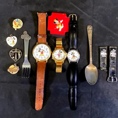 Vintage Disney Mickey Mouse Estate Lot Watches Charms Pins Flatware
