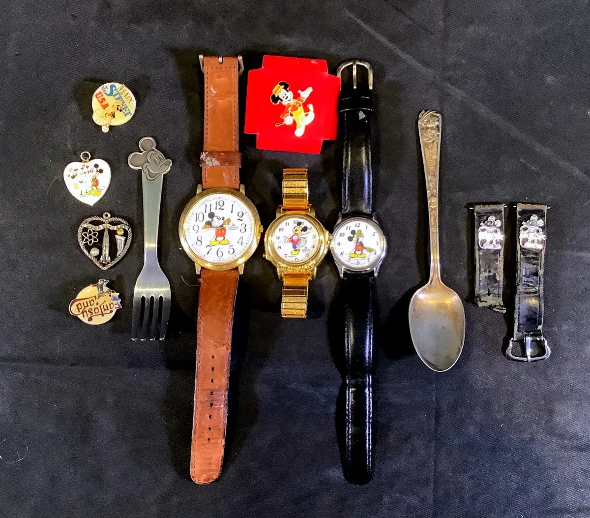 Vintage Disney Mickey Mouse Estate Lot Watches Charms Pins Flatware