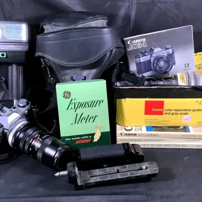 Vintage Canon AE-1 35mm SLR Camera Lot w/ Lenses, Vivitar Filters & Exposure Meter
