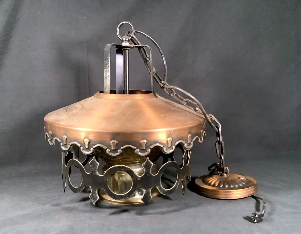 Mid-Century Copper Pendant Ceiling Lamp with Amber Globe