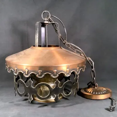 Mid-Century Copper Pendant Ceiling Lamp with Amber Globe