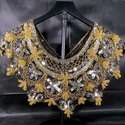 Art Deco Vintage Beaded Yoke Collar Embellishment Black & Gold Sequin Appliqué 
