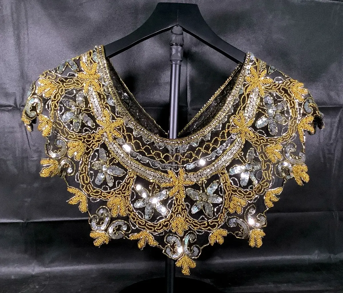 Art Deco Vintage Beaded Yoke Collar Embellishment Black & Gold Sequin Appliqué 