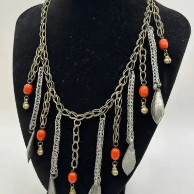 Vintage Yemini Bib Style Necklace Orange Beads And Metal Ornaments 