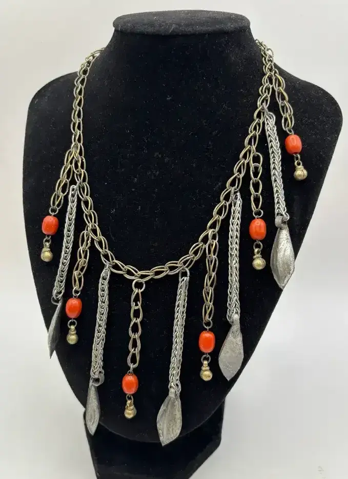 Vintage Yemini Bib Style Necklace Orange Beads And Metal Ornaments 