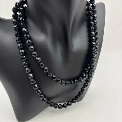 Long faceted black glass opera length necklace – vintage style