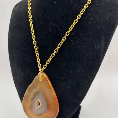 Vintage Napier Brothers Necklace Gold Tone Chain Brown Agate Slice