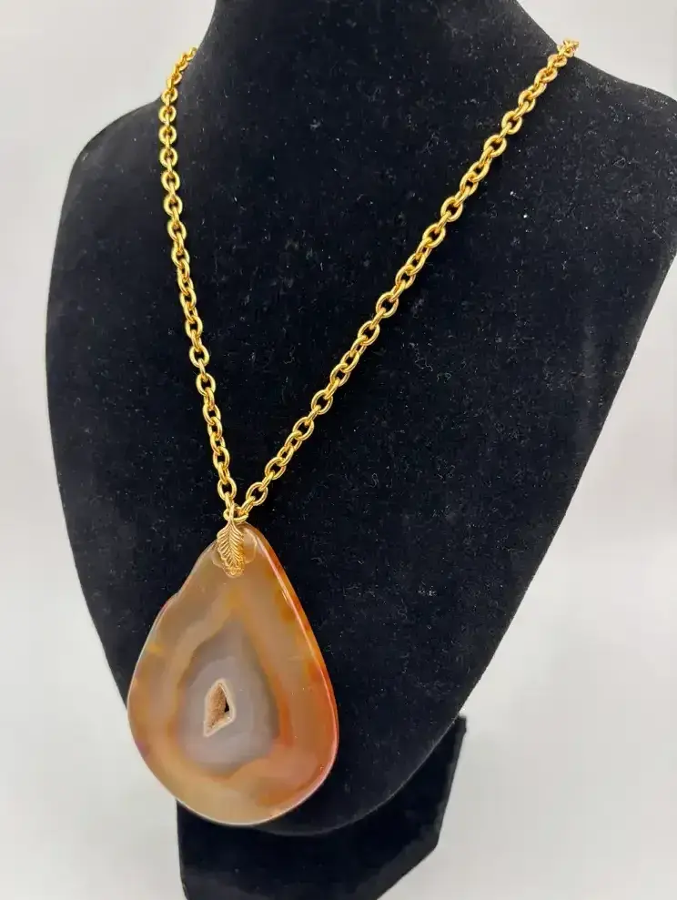 Vintage Napier Brothers Necklace Gold Tone Chain Brown Agate Slice