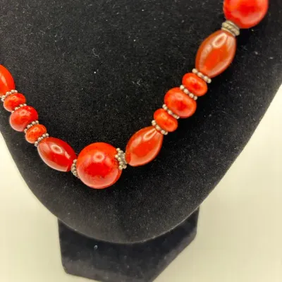 Vintage Sterling Silver Necklace Featuring Carnelian And Red Sponge Coral
