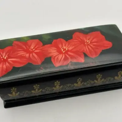  Vintage Black Lacquer Trinket Box Red Flower Ukraine 