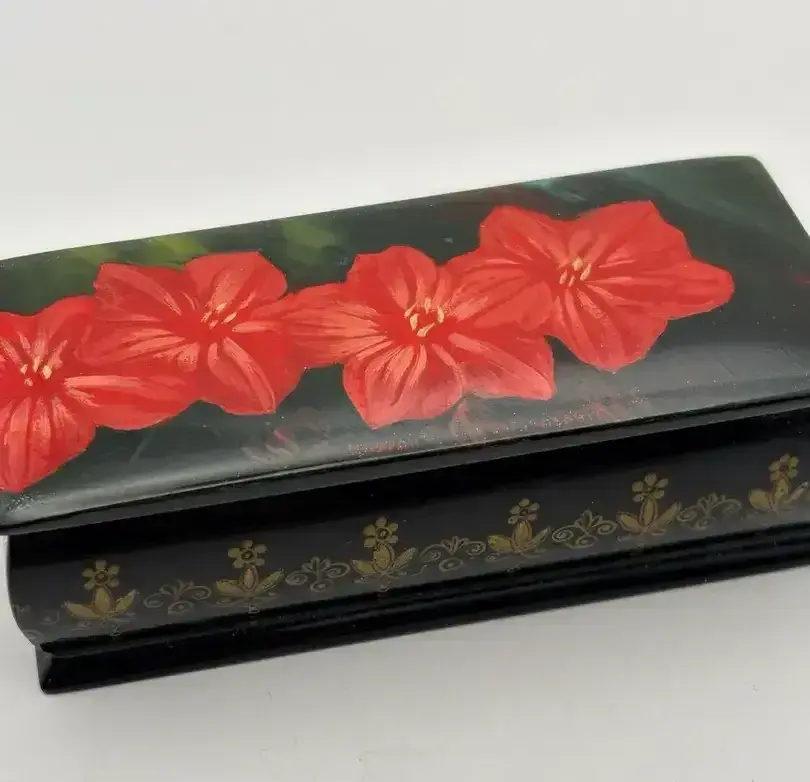  Vintage Black Lacquer Trinket Box Red Flower Ukraine 
