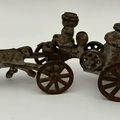 Antique Cast Iron Horse Drawn Fire Pump Wagon Toy