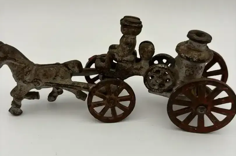 Antique Cast Iron Horse Drawn Fire Pump Wagon Toy