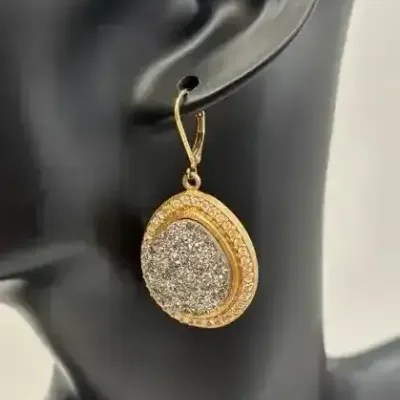 Gold Tone Black Druzy Halo Drop Earrings Leverback Crystal Accent