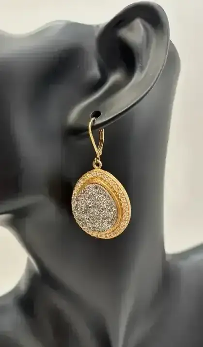 Gold Tone Black Druzy Halo Drop Earrings Leverback Crystal Accent