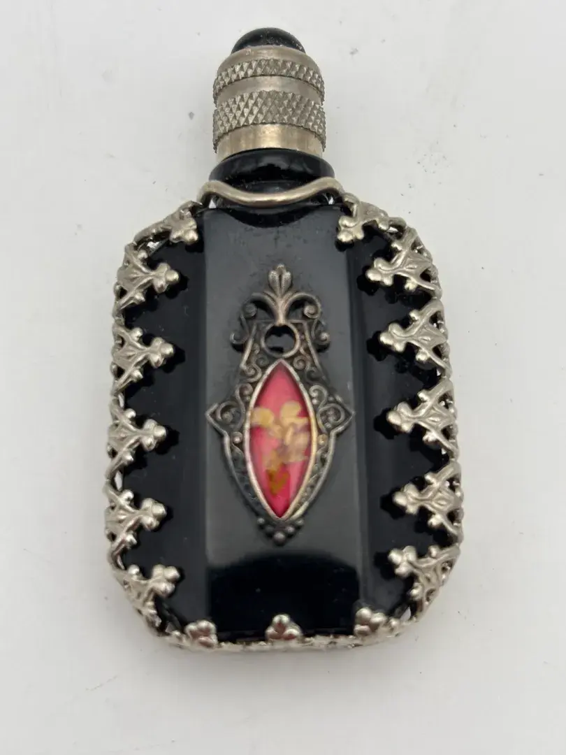 Vintage Perfume Bottle Onyx Bottle Silver Cage