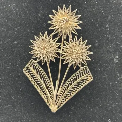 Vintage Silver Tone Filigree Floral Brooch Portuguese 