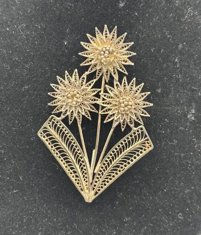 Vintage Silver Tone Filigree Floral Brooch Portuguese 